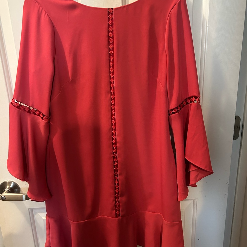 White House Black Market Coral Midi Dress with Lace Trim